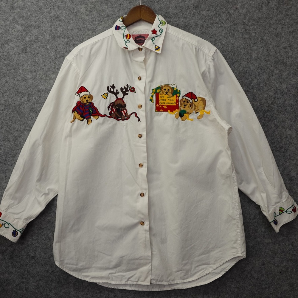 CAMBRIDGE Dry Goods Shirt Womens M White Holiday Christmas Dogs Grandma VINTAGE